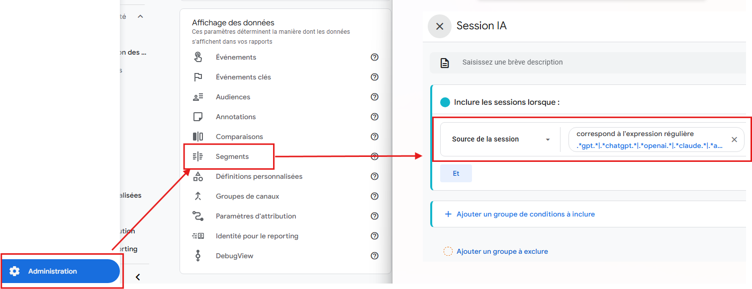 Créer segment pour trafic IA sur GA4