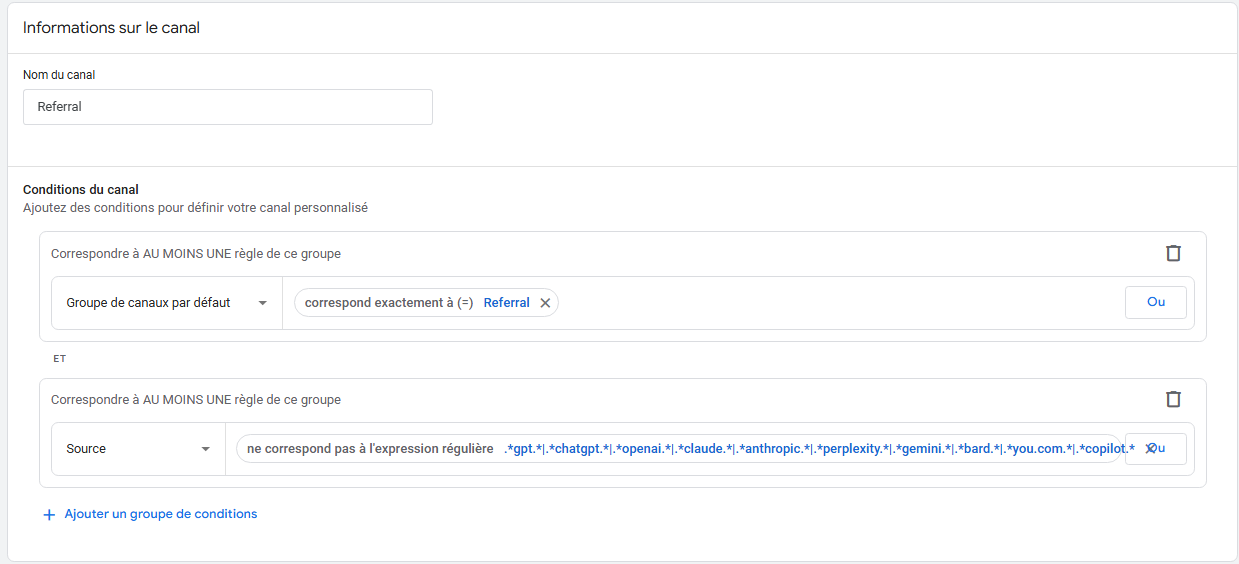 Regex pour exclure Chatbot de Referral